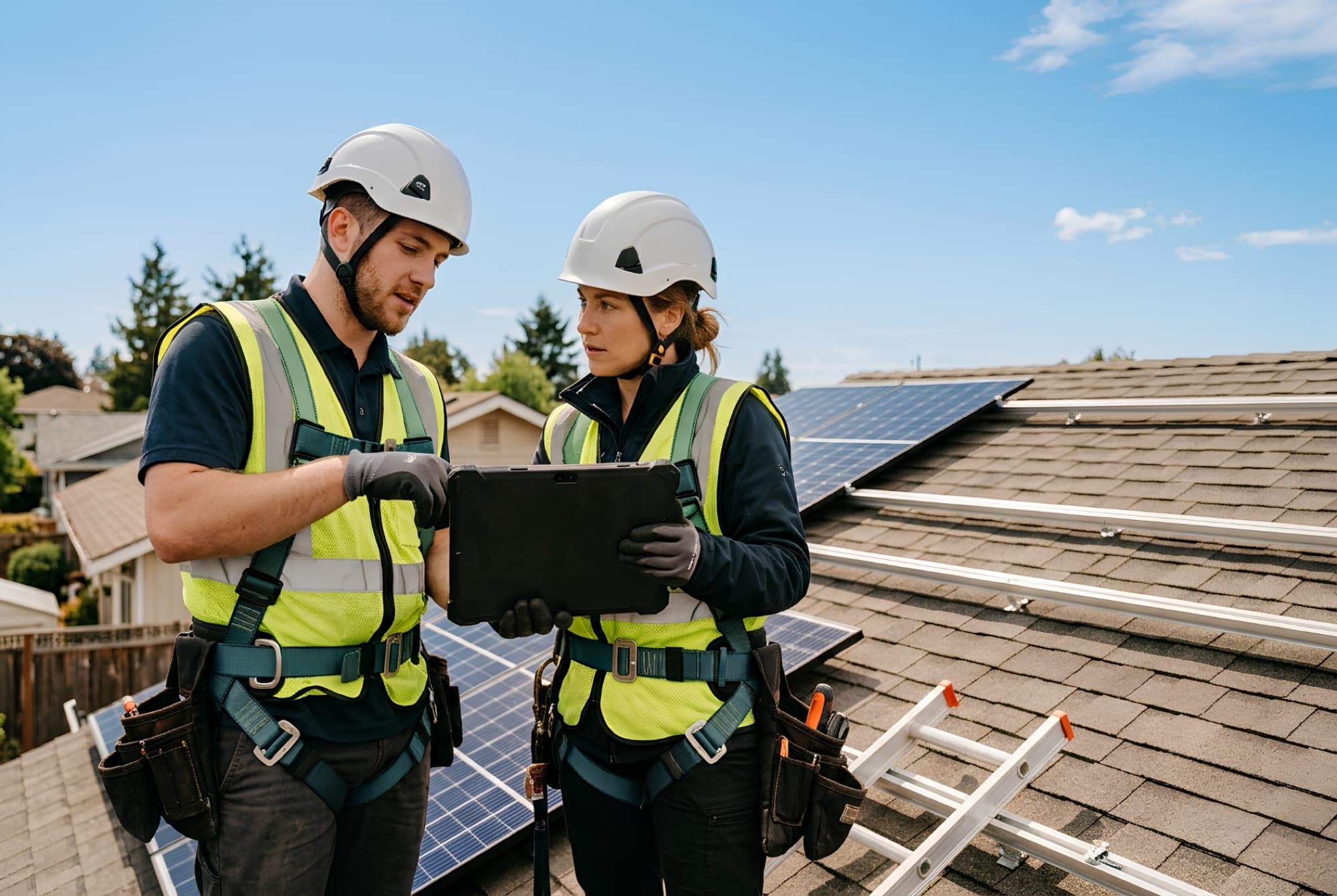 Zwei Solarinstallateure besprechen eine Installationsplanung auf einem Hausdach