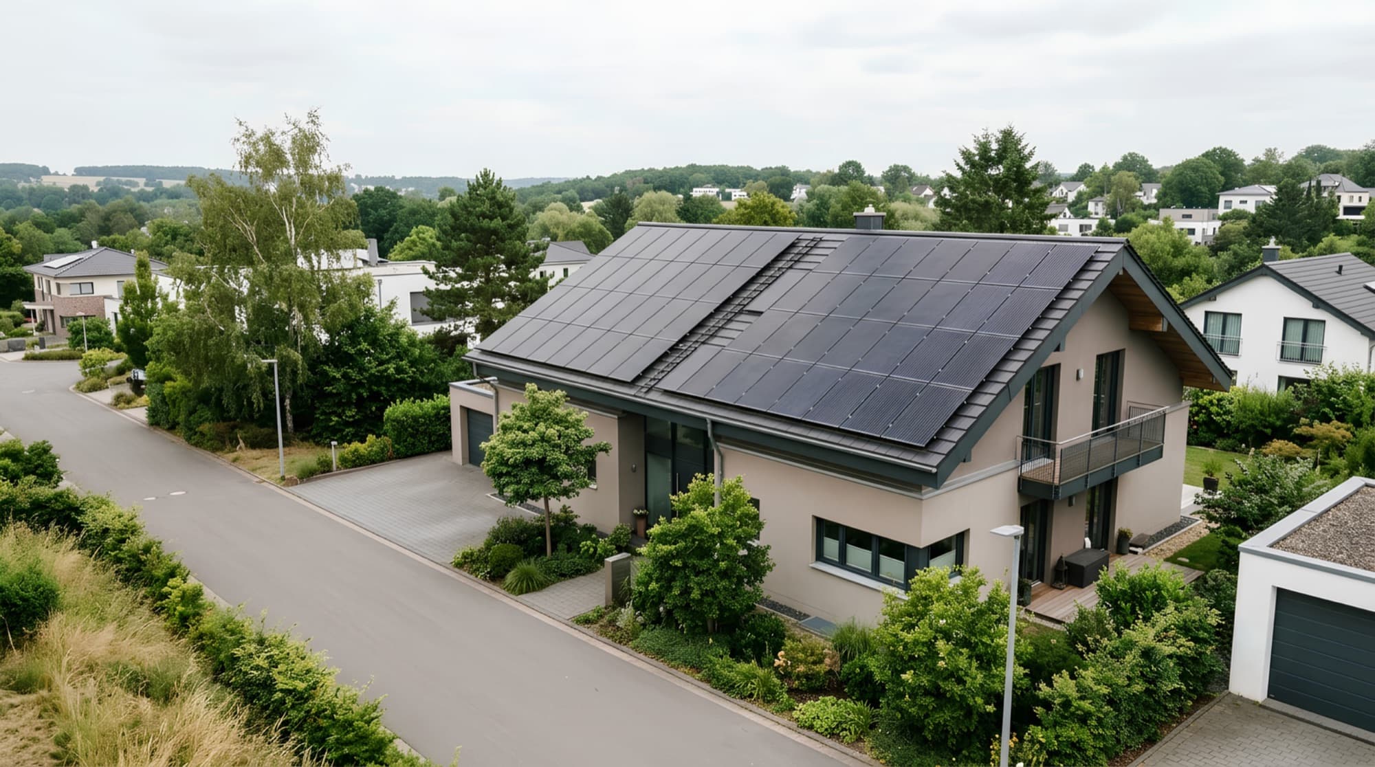 Modernes Einfamilienhaus mit vollflächig belegtem Solar-Dach